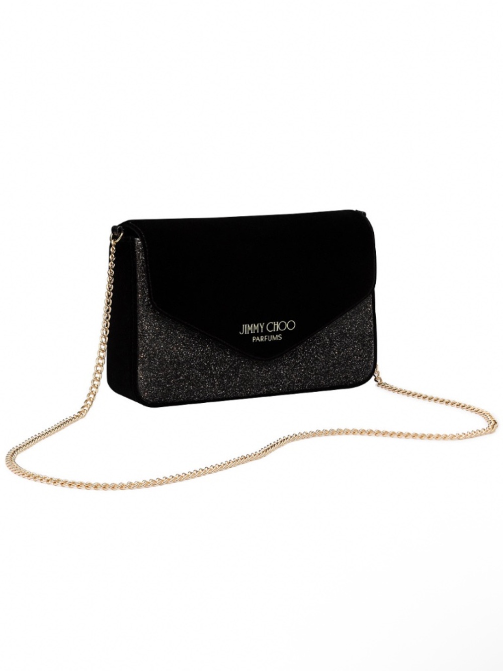 Jimmy Choo Parfums Black Velvet & Glitter Evening Bag with Gold Chain Strap NWT